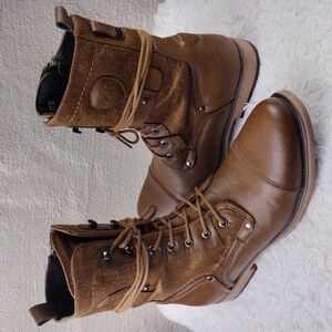 J75 by Jump Deploy Brown Faux Leather Canvas Round Cap Toe Lace Up Combat Boot